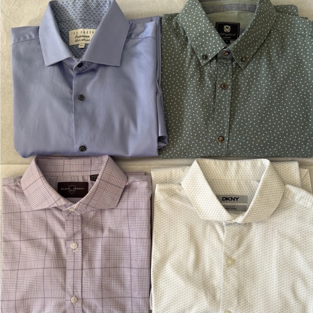 Mens Sz M Bundle of 4  dress shirt DKNY,TED BAKER,BLACK BROWN,STEEL &JELLY